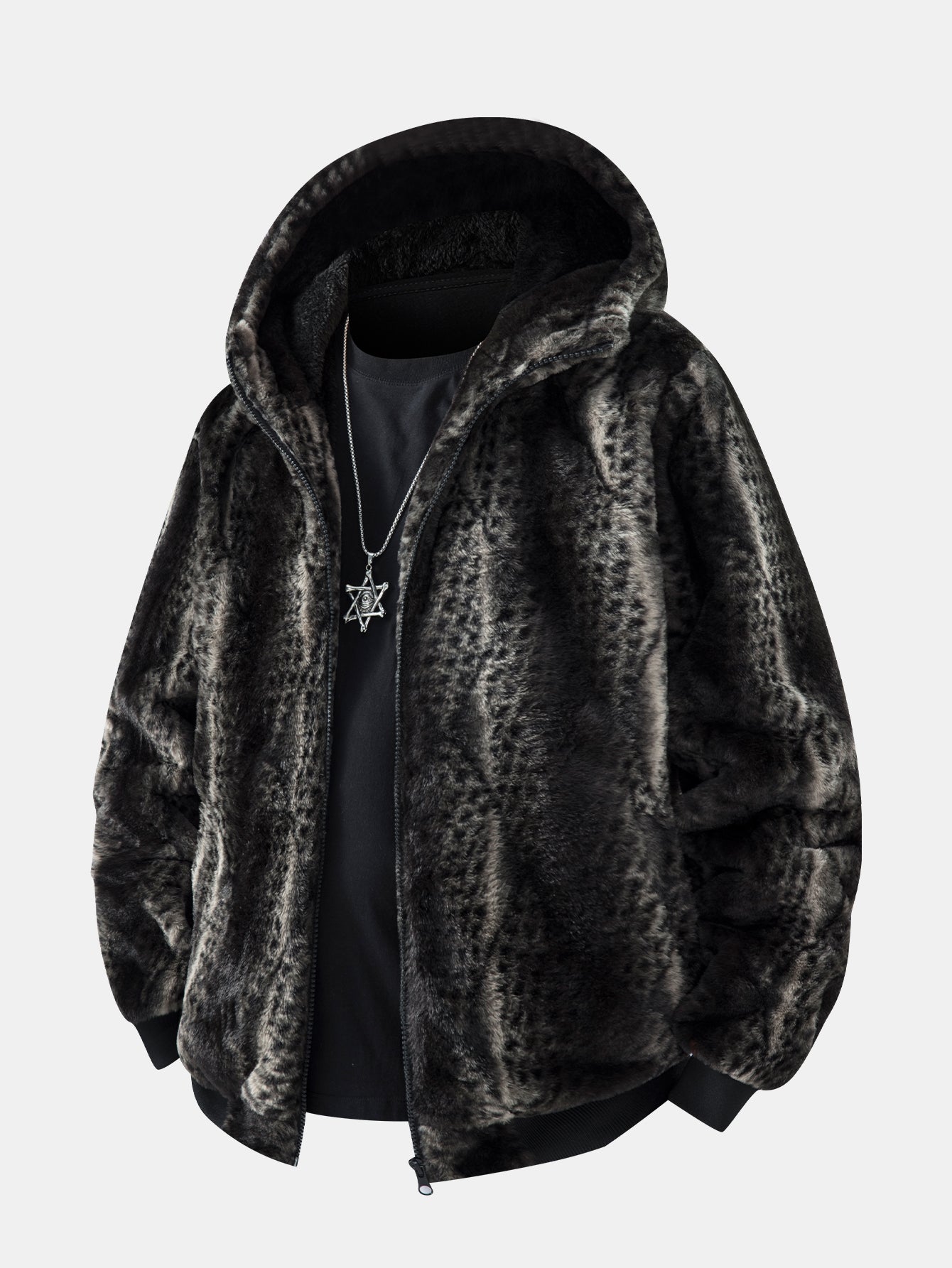 Animal Print Faux Fur Hooded Jacket