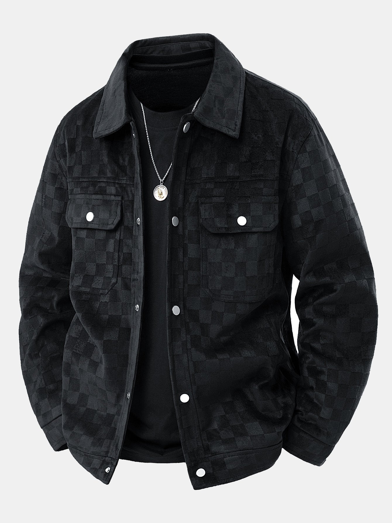 Checkerboard Print Faux Suede Pocket Jacket