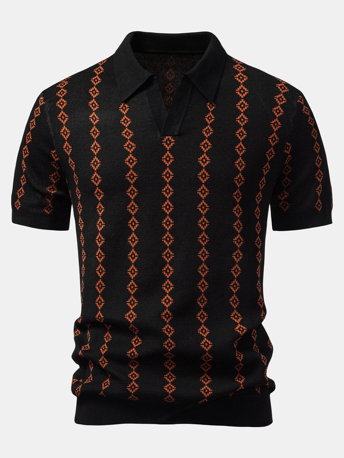 Geometric Knit V Neck Polo Shirt