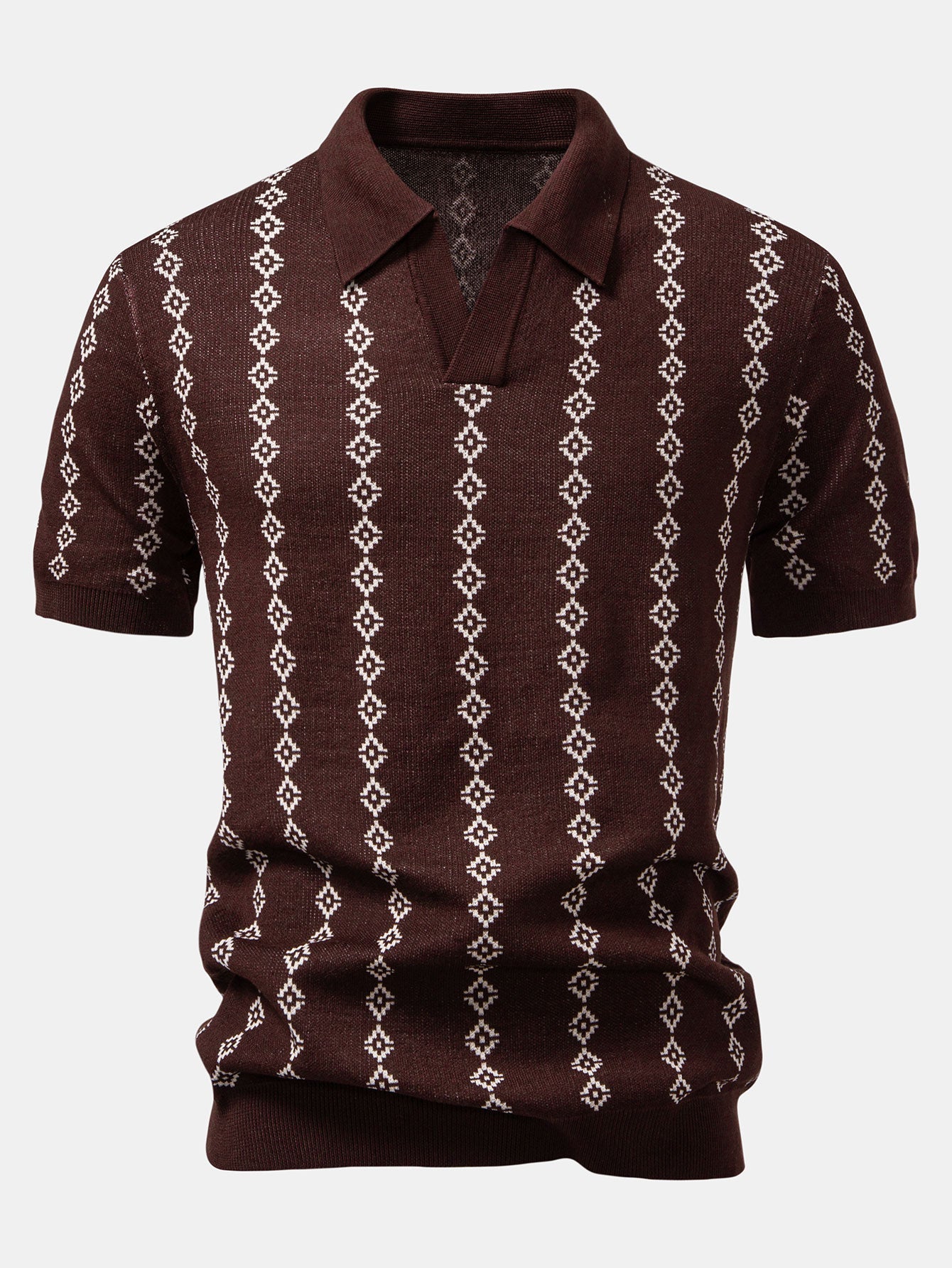 Geometric Knit V Neck Polo Shirt