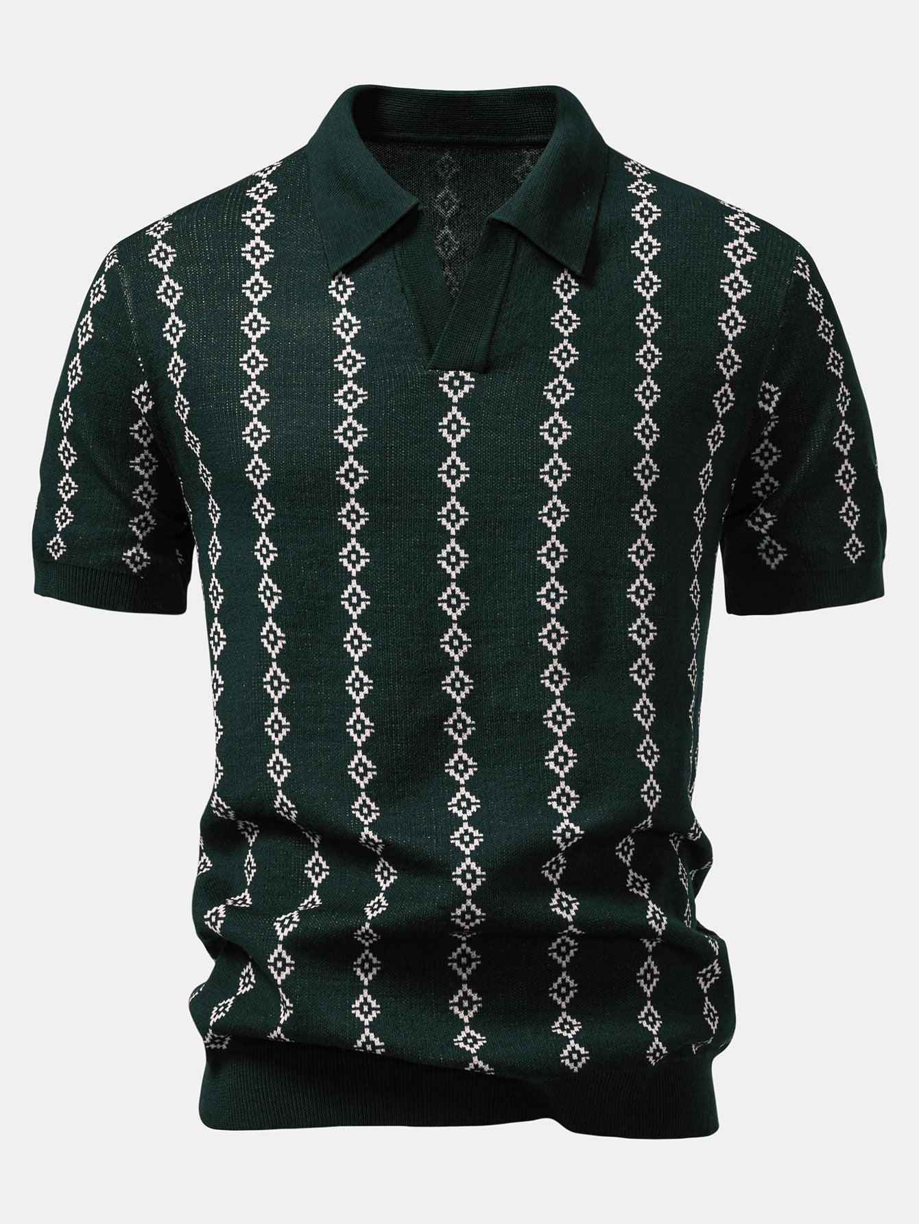 Geometric Knit V Neck Polo Shirt