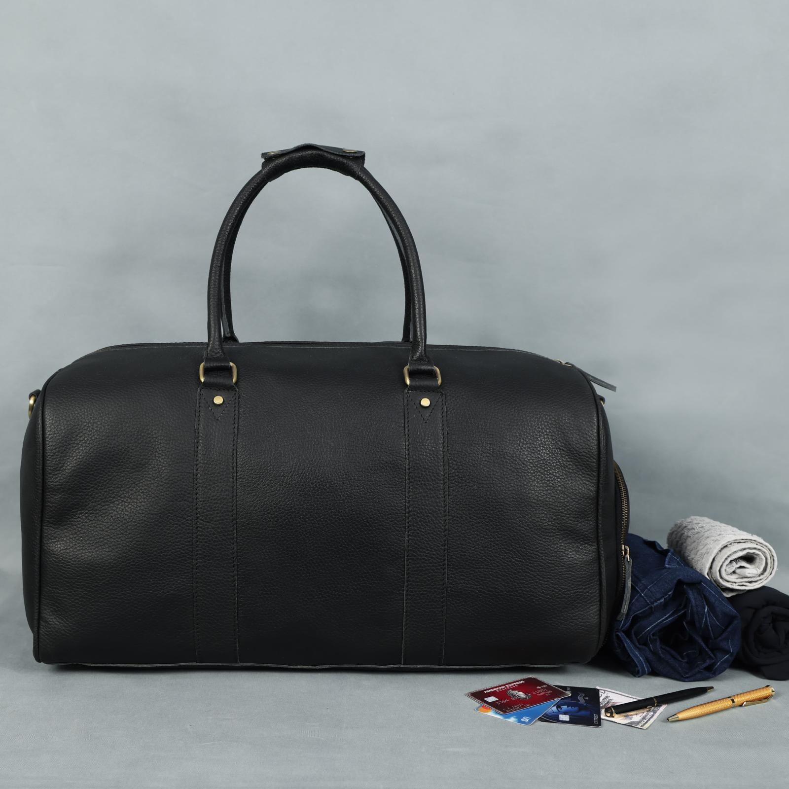 Charcoal Black Leather Duffel Bag