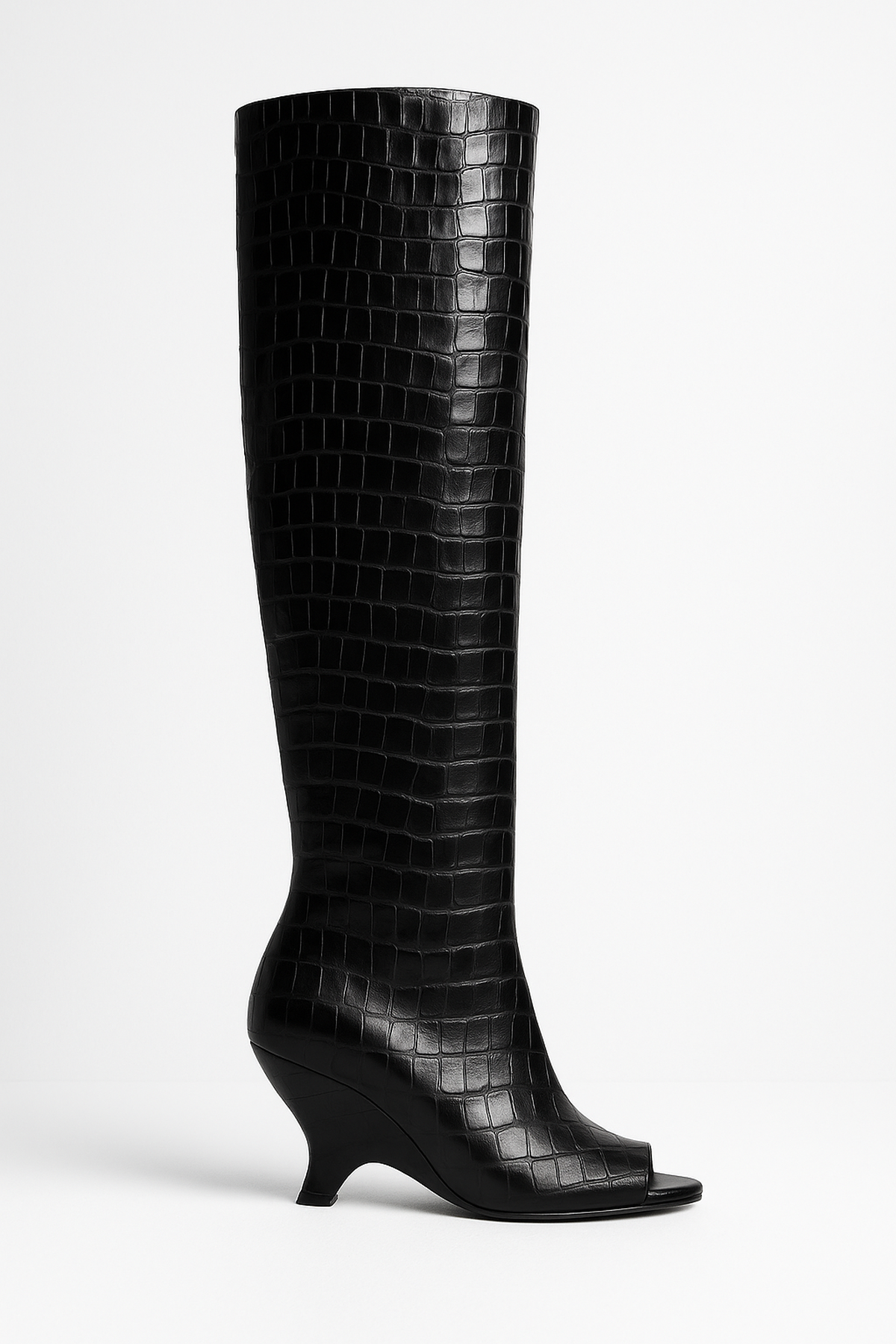 Croc-Embossed Peep Toe Knee-High Boots