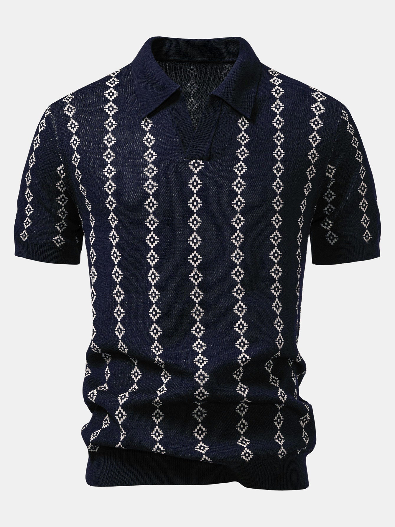 Geometric Knit V Neck Polo Shirt