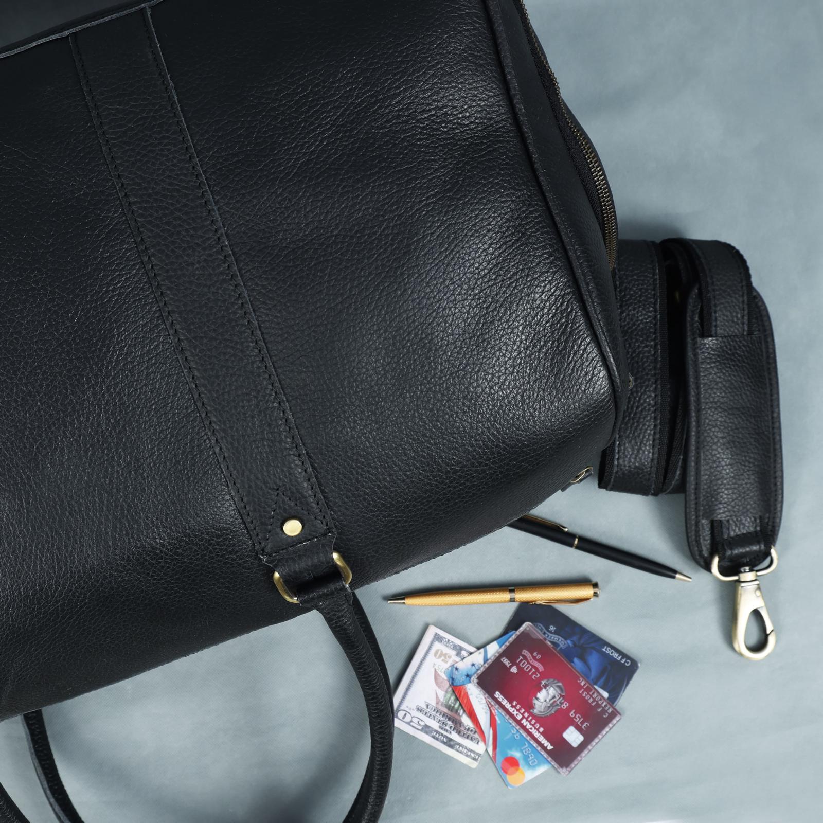 Charcoal Black Leather Duffel Bag