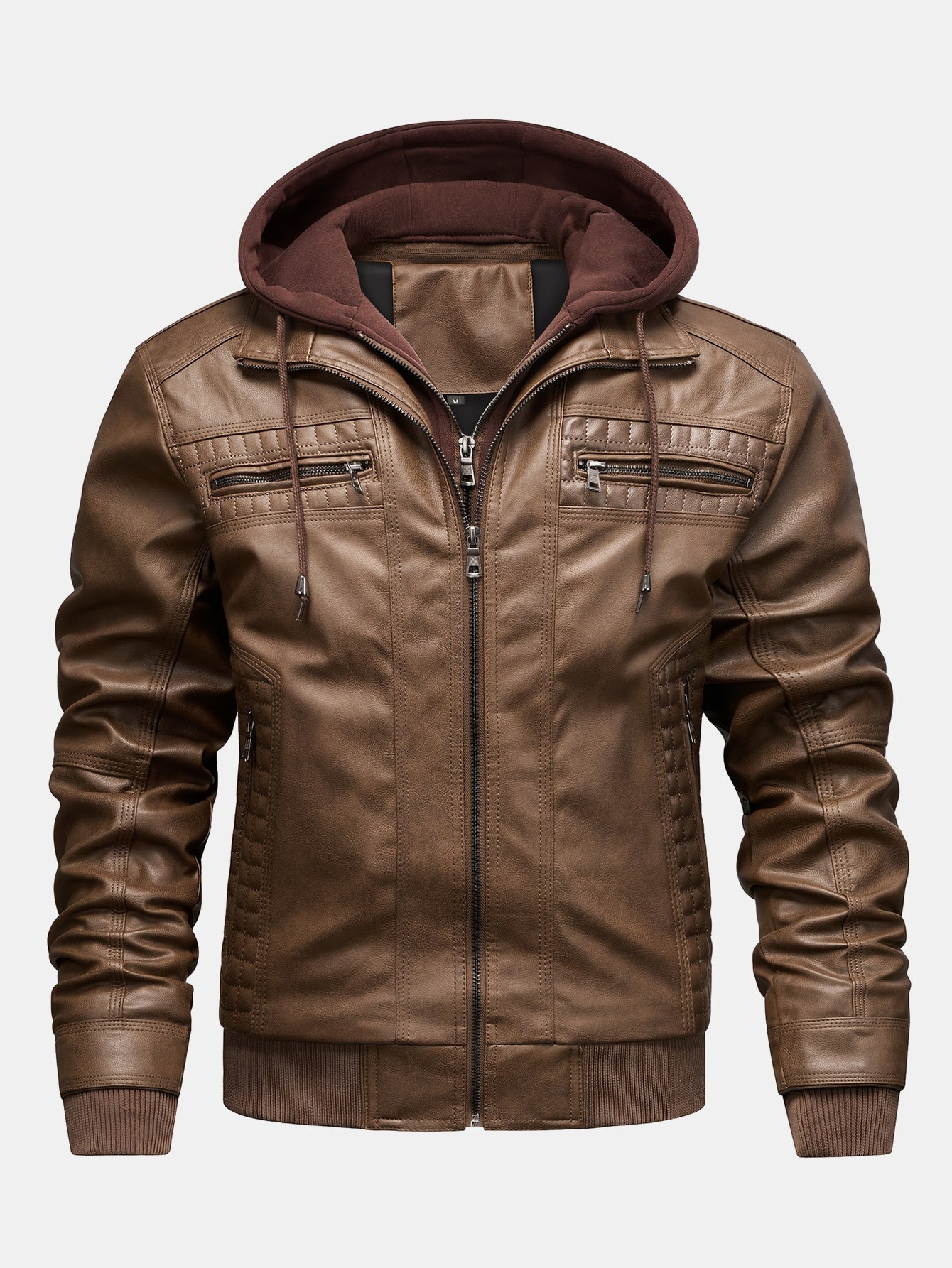 2 In 1 PU Leather Jacket With Detachable Hood