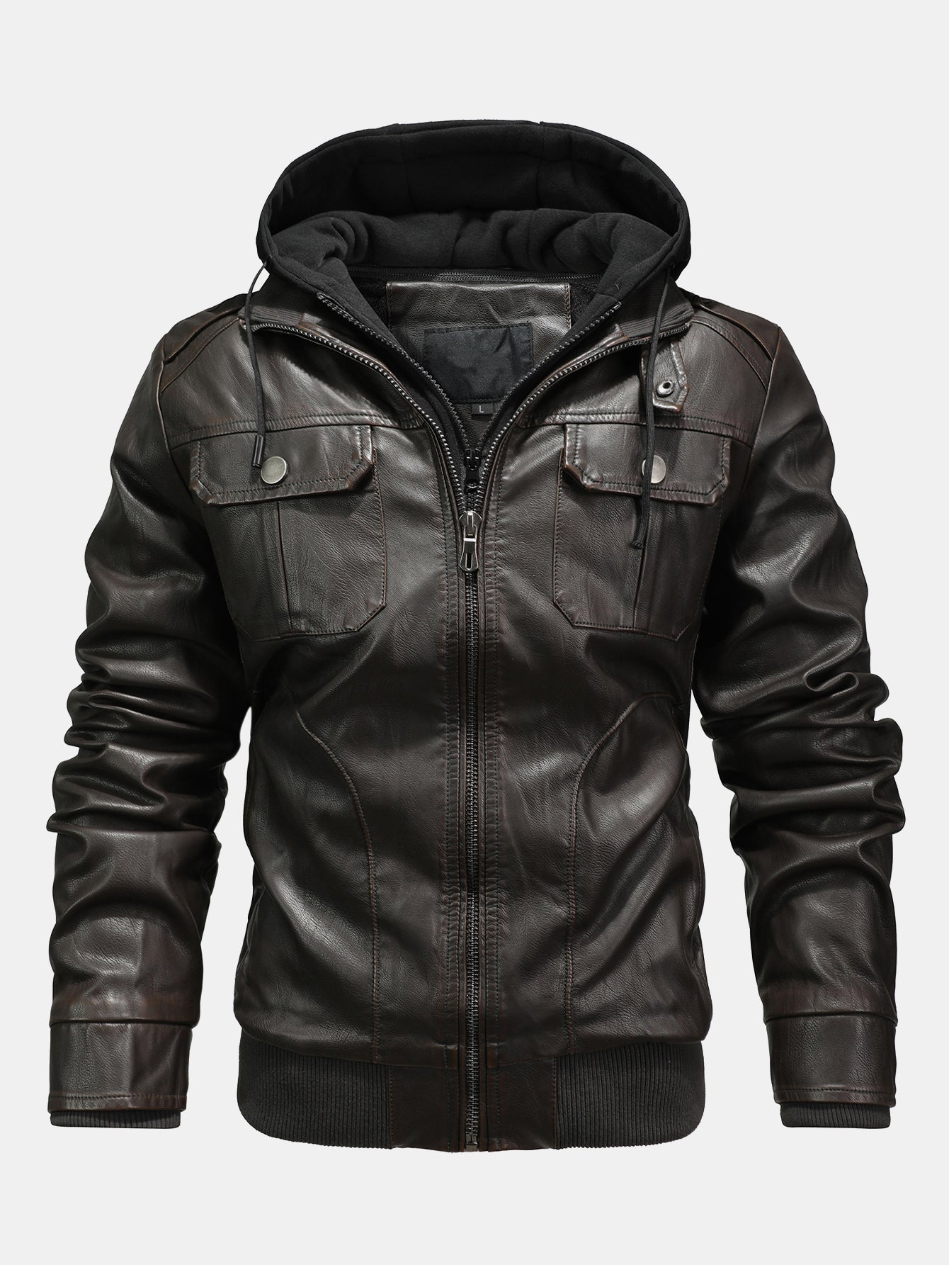 2 In 1 PU Leather Jacket With Detachable Hood